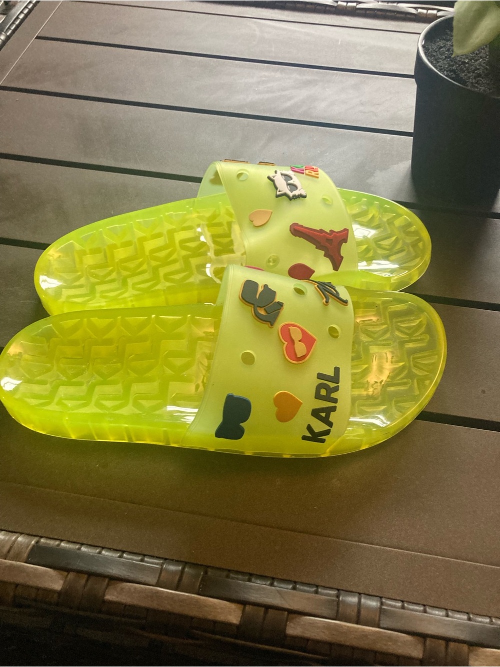 Karl Lagerfeld Neon Yellow Slide Sandals with Fun Charms - Picture 3 of 4